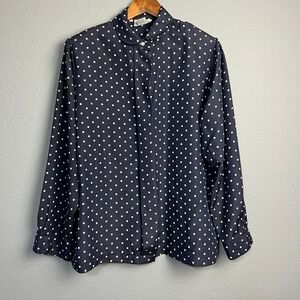 Vintage 80s Polka Dot‎ Blouse The Villager Navy White Career Wear Church Size 16